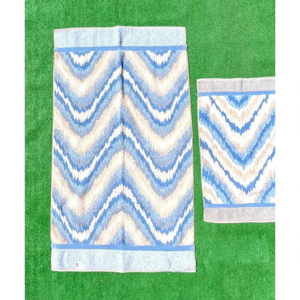 VTG JCPenny Color Forum 1980s Ice Blue Flamestitch Hand & Body 2Pc Towel Set EUC